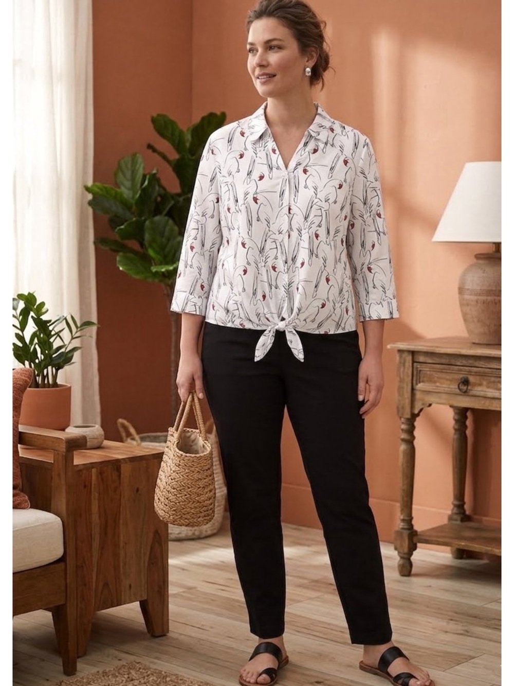 Chico’s Parrot Button Front 3/4 Sleeve  Shirt Size L Artsy Casual Islandcore